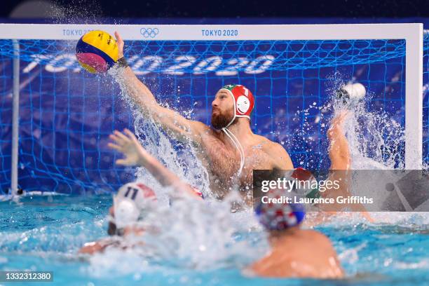 Viktor Nagy of Team Hungary makes a save during the Men's Quarterfinal match between Hungary and Croatia on day twelve of the Tokyo 2020 Olympic...