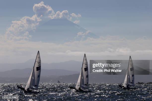 Ai Kondo Yoshida and Miho Yoshioka of Team Japan, Hannah Mills and Eilidh McIntyre of Team Great Britain and Camille Lecointre and Aloise Retornaz of...