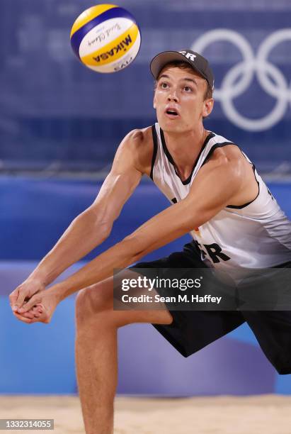 Julius Thole of Team Germany competes against Team ROC during the Men's Quarterfinal beach volleyball on day twelve of the Tokyo 2020 Olympic Games...