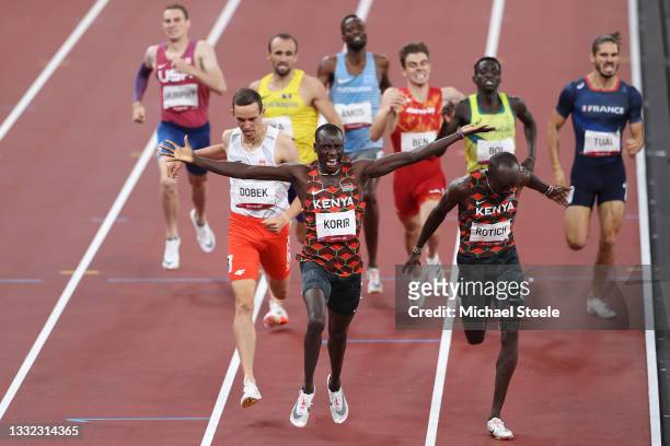 Emmanuel Kipkurui Korir of Team Kenya celebrates winning the gold medal as he crosses the finish line in the Men's 800m Final on day twelve of the...