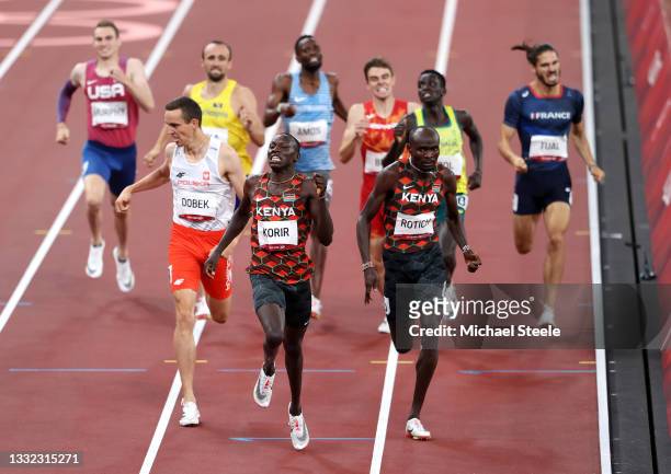Emmanuel Kipkurui Korir of Team Kenya and teammate Ferguson Cheruiyot Rotich of Team Kenya compete in the Men's 800m Final on day twelve of the Tokyo...