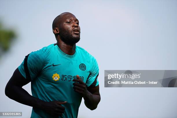 Romelu Lukaku of FC Internazionale in action during an FC Internazionale training session at the club's training ground Suning Training Center at...