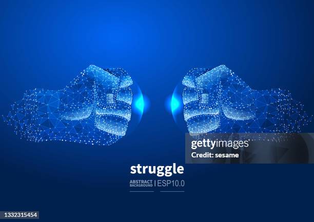 stockillustraties, clipart, cartoons en iconen met fight and contest, two fists collide together, vector abstract low polygon fist background - renegades v stars
