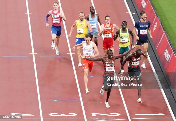 Emmanuel Kipkurui Korir of Team Kenya celebrates winning the gold medal in the Men's 800m Final on day twelve of the Tokyo 2020 Olympic Games at...