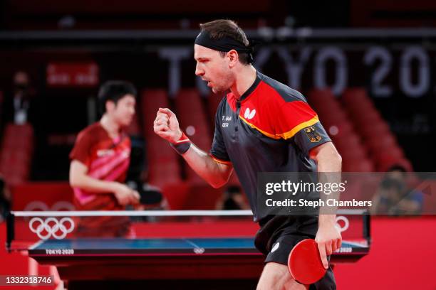 Timo Boll of Team Germany reacts during his Men's Team Semifinals table tennis match on day twelve of the Tokyo 2020 Olympic Games at Tokyo...