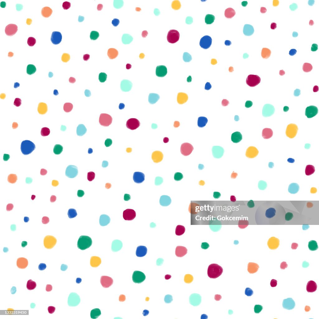 Watercolor Multicolored Circles Abstract Seamless Pattern. Hand Drawn Childish Background. Birthday party flyer template. Design element for sale banners, posters, labels, invitation cards and gift wrapping paper.