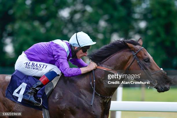 Adam Kirby riding Prop Forward easily win The Casumo Best Odds Guaranteed Maiden Stakes at Bath Racecourse on August 04, 2021 in Bath, England.