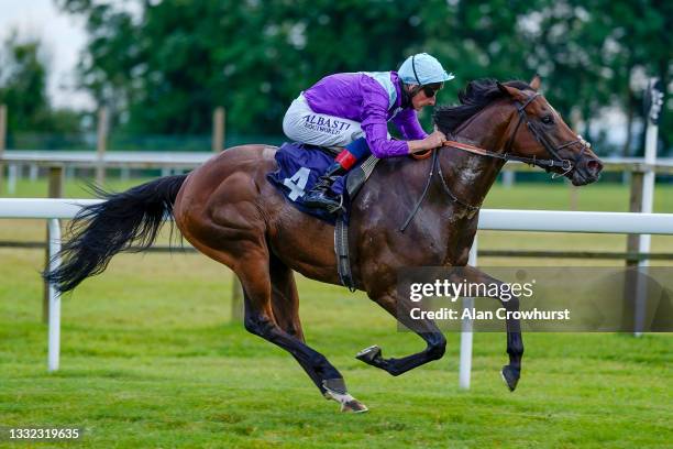 Adam Kirby riding Prop Forward easily win The Casumo Best Odds Guaranteed Maiden Stakes at Bath Racecourse on August 04, 2021 in Bath, England.