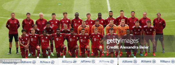 The team of FC Bayern München poses during the team presentation at Allianz Arena on August 04, 2021 in Munich, Germany.