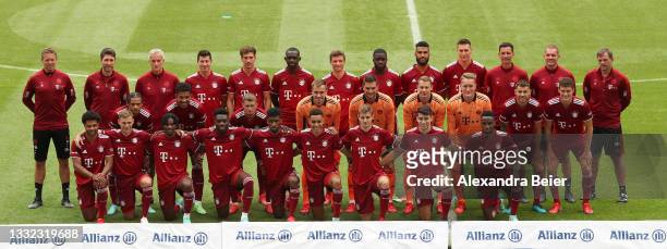 The team of FC Bayern München poses during the team presentation at Allianz Arena on August 04, 2021 in Munich, Germany.