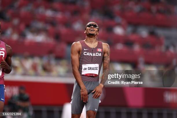 Andre de Grasse of Team Canada wins the Men's 200m Final on day twelve of the Tokyo 2020 Olympic Games at Olympic Stadium on August 04, 2021 in...