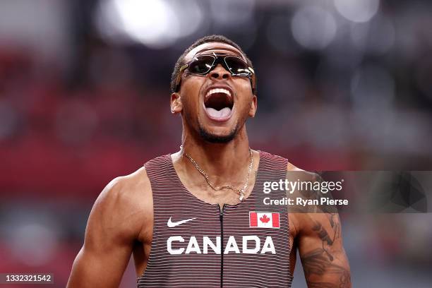 Andre de Grasse of Team Canada celebrates after winning the gold medal in the Men's 200m Final on day twelve of the Tokyo 2020 Olympic Games at...