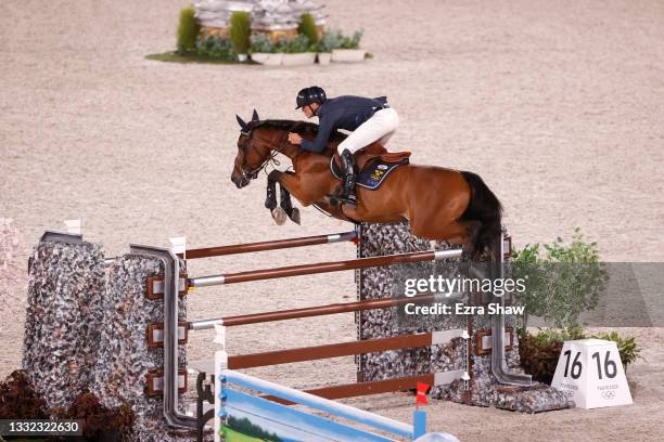Peder Fredricson of Team Sweden riding All In competes in the Equestrian Jumping Individual Final on day twelve of the Tokyo 2020 Olympic Games at...