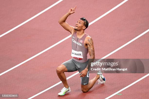 Andre De Grasse of Team Canada celebrates after winning the gold medal in the Men's 200m Final on day twelve of the Tokyo 2020 Olympic Games at...