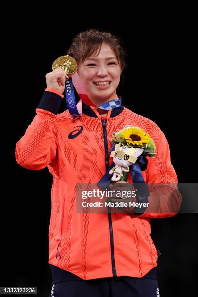 Gold medalist Yukako Kawai of Team Japan poses with the gold medal during the Women’s Freestyle 62kg medal ceremony on day twelve of the Tokyo 2020...