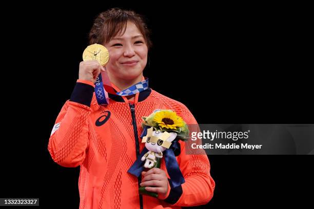 Gold medalist Yukako Kawai of Team Japan poses with the gold medal during the Women’s Freestyle 62kg medal ceremony on day twelve of the Tokyo 2020...