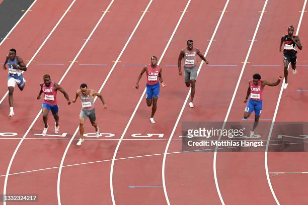 Andre de Grasse of Team Canada finishes ahead of Kenneth Bednarek of Team United States to win the gold medal in the Men's 200m Final on day twelve...
