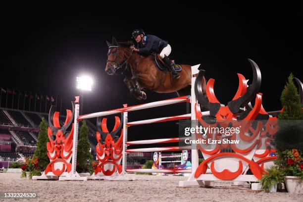 Peder Fredricson of Team Sweden riding All In competes in the Equestrian Jumping Individual Final on day twelve of the Tokyo 2020 Olympic Games at...