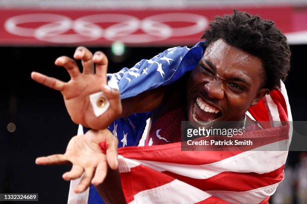 Noah Lyles of Team United States celebrates after winning the bronze medal in the Men's 200m Final on day twelve of the Tokyo 2020 Olympic Games at...