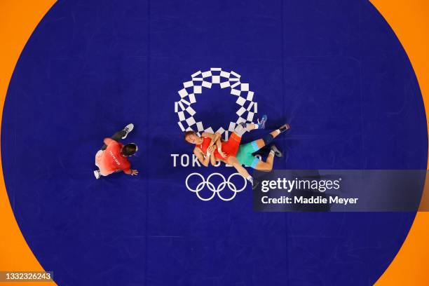 Taybe Mustafayusein of Team Bulgaria competes against Liubov Ovcharova of ROC during the Women’s Freestyle 62kg Bronze Medal Match on day twelve of...