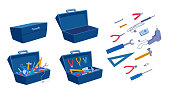 An empty and a full toolbox. Working tools, open and closed box, instrument collection icons.
