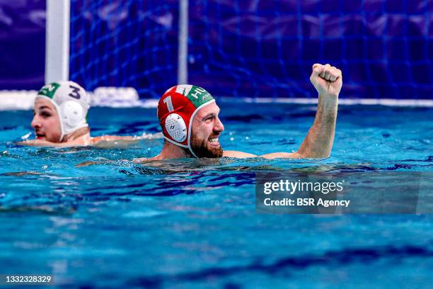 Viktor Nagy of Team Hungary celebrating victory during the Tokyo 2020 Olympic Waterpolo Tournament Men Quarterfinal match between Team Hungary and...