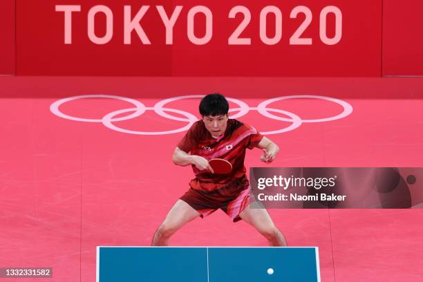 Harimoto Tomokazu of Team Japan reacts during his Men's Team Semifinals table tennis on day twelve of the Tokyo 2020 Olympic Games at Tokyo...