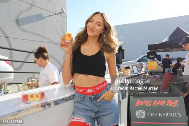 Ava Michelle of Netflix’s Tall Girl, enjoys a fruit-infused milk refreshment at the ‘Bones Love Milk ‘Watch N’ Skate’ experience. The event, hosted...