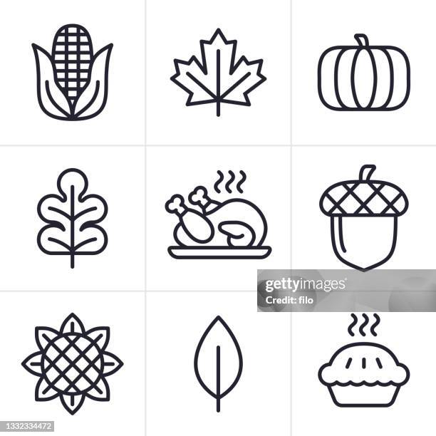 ilustraciones, imágenes clip art, dibujos animados e iconos de stock de símbolos de icono de línea de acción de gracias de otoño - thanksgiving holiday
