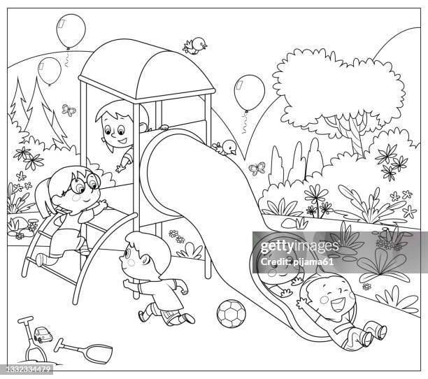 stockillustraties, clipart, cartoons en iconen met black and white,  kids playing together outside on the playground - coloring book