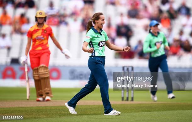 Tash Farrant of Oval Invincibles Women celebrates after taking the wicket of Evelyn Jones of Birmingham Phoenix Women during The Hundred match...