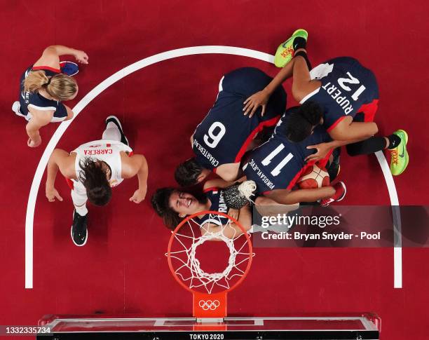 Marine Fauthoux of Team France is tended to by her teammates Alexia Chartereau, Valeriane Vukosavljevic, and Iliana Rupert after being injured...