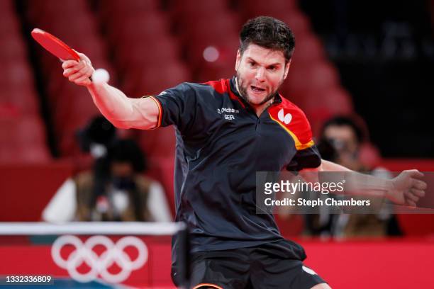 Dimitrij Ovtcharov of Team Germany in action during his Men's Team Semifinals table tennis match on day twelve of the Tokyo 2020 Olympic Games at...