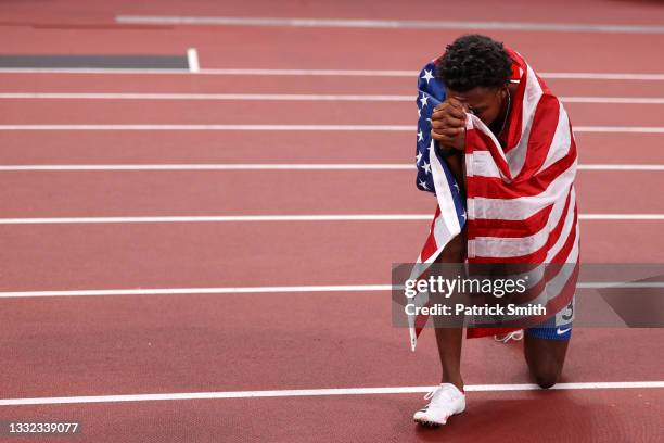 Noah Lyles of Team United States celebrates after winning the bronze medal in the Men's 200m Final on day twelve of the Tokyo 2020 Olympic Games at...