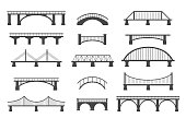Set of different bridges. Isolated on white background. Black and white.