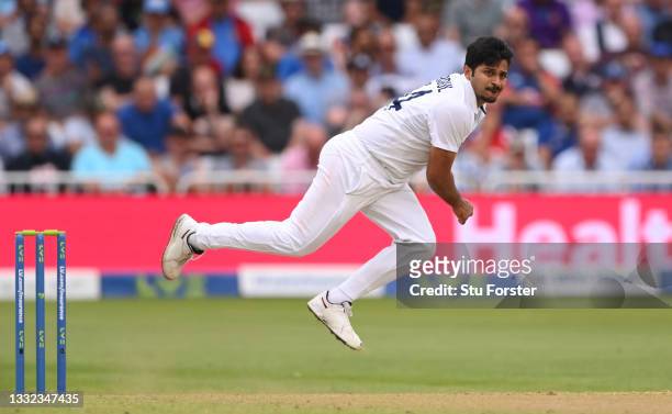 India bowler Shardul Thakur in bowling action during day one of the First Test Match between England and India at Trent Bridge on August 04, 2021 in...