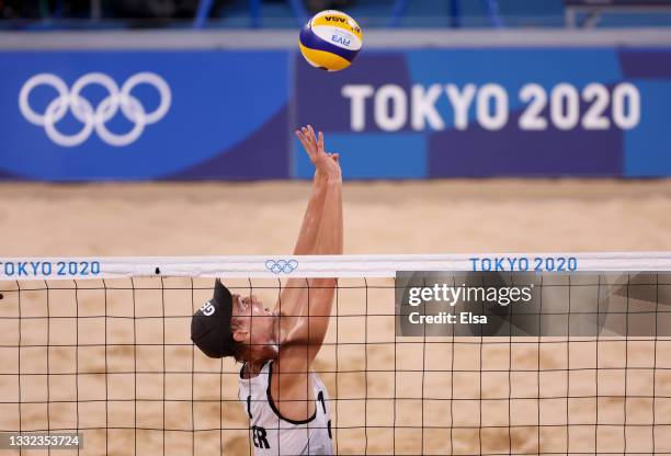 Julius Thole of Team Germany competes in the match against Team ROC during the Men's Quarterfinal beach volleyball on day twelve of the Tokyo 2020...