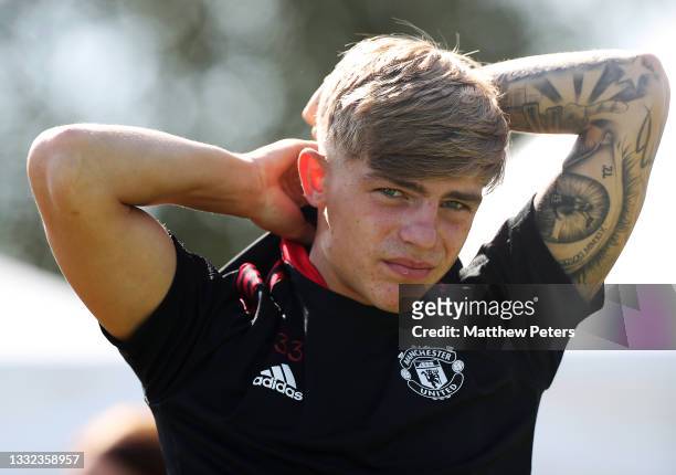 Brandon Williams of Manchester United in action during a first team training session on August 04, 2021 in St Andrews, Scotland.