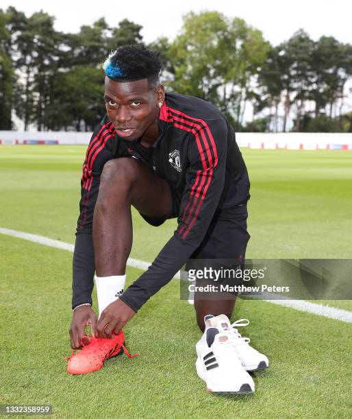Paul Pogba of Manchester United in action during a first team training session on August 04, 2021 in St Andrews, Scotland.