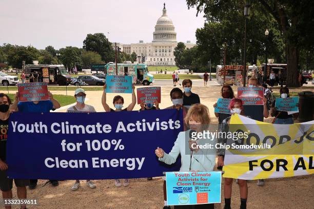 Sen. Tina Smith addresses a rally of youth climate activists on the National Mall on August 04, 2021 in Washington, DC. Organized by the Chesapeake...
