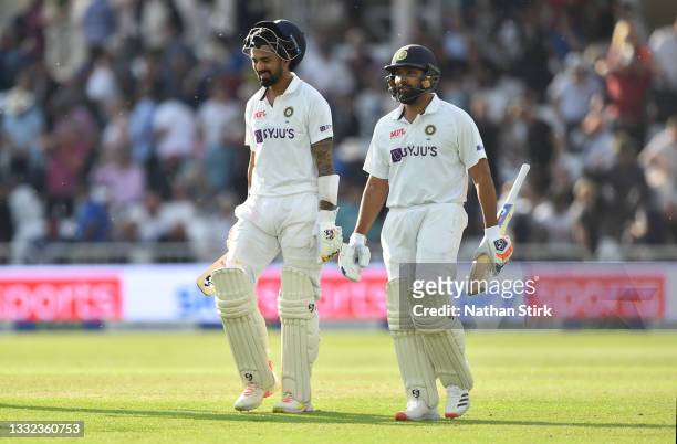 Kannaur Rahul and Rohit Sharma of India leave the outfield after day one of the First Test Match between England and India at Trent Bridge on August...