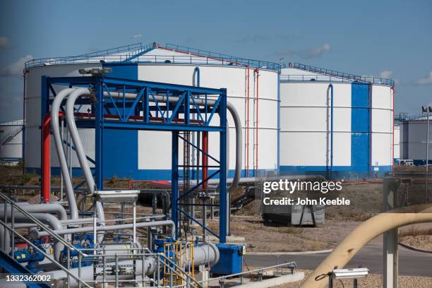 General view of pipelines that feed fuel storage tanks belonging to Oikos Storage Limited, a marine fed oil, fuel and bulk liquid import and storage...