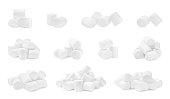 Set with delicious sweet puffy marshmallows on white background