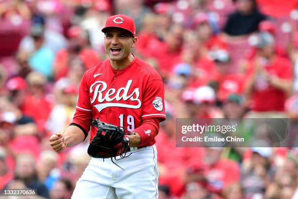 Joey Votto of the Cincinnati Reds celebrates a double play in the sixth inning during their game against the Minnesota Twins at Great American Ball...