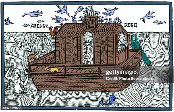 Colorized illustration depicts Noah's Ark surrounded by flying doves and swimming merfolk, 1493.