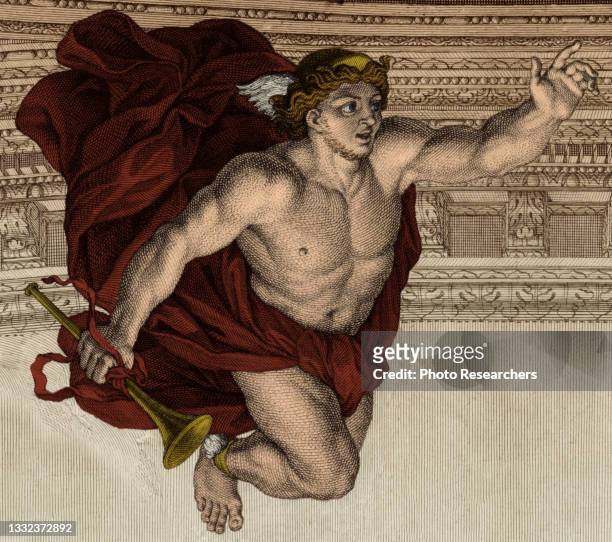 Colorized illustration depicts Greek messenger god Hermes, wearing a winged cap and holding a Roman tuba.