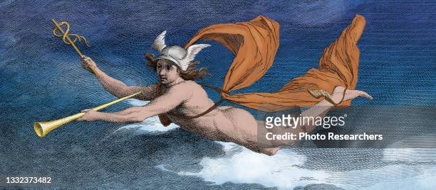 Colorized illustration depicts the Greek god Hermes , wearing winged cap and sandals, and holding a caduceus in his right hand and a Roman tuba in...
