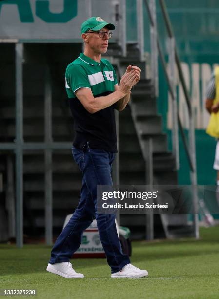 Head coach Peter Stoger of Ferencvarosi TC reacts during the UEFA Champions League Third Qualifying Round 1st Leg match between Ferencvarosi TC and...