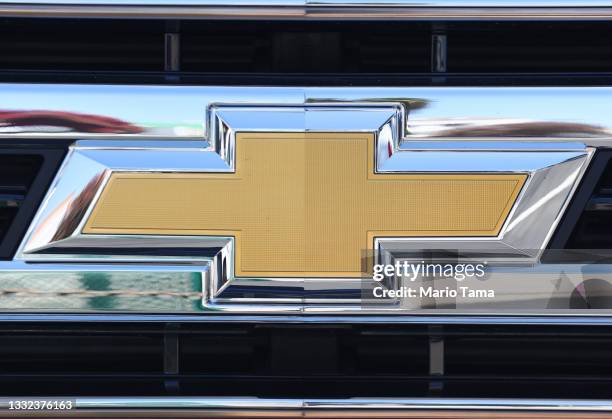 Chevrolet logo is displayed on a vehicle at a Chevrolet dealership on August 4, 2021 in Burbank, California. In spite of a computer chip shortage,...