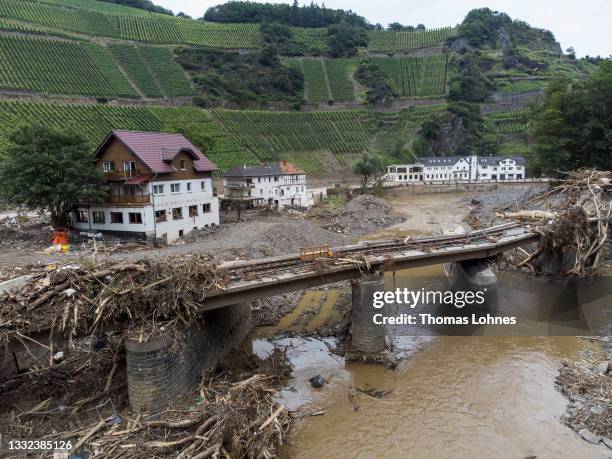 Destroyed houses, hotels and railway tracks pictured during ongoing cleanup efforts in the Ahr Valley region following catastrophic flash floods on...